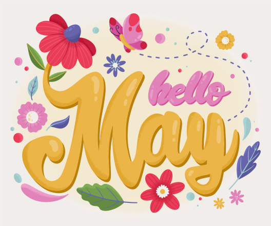 Hello May image with flowers and butterflies