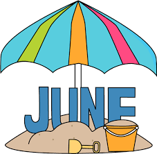 the word JUNE under beach umbrella with pail and shovel