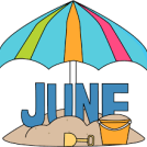 the word JUNE under beach umbrella with pail and shovel